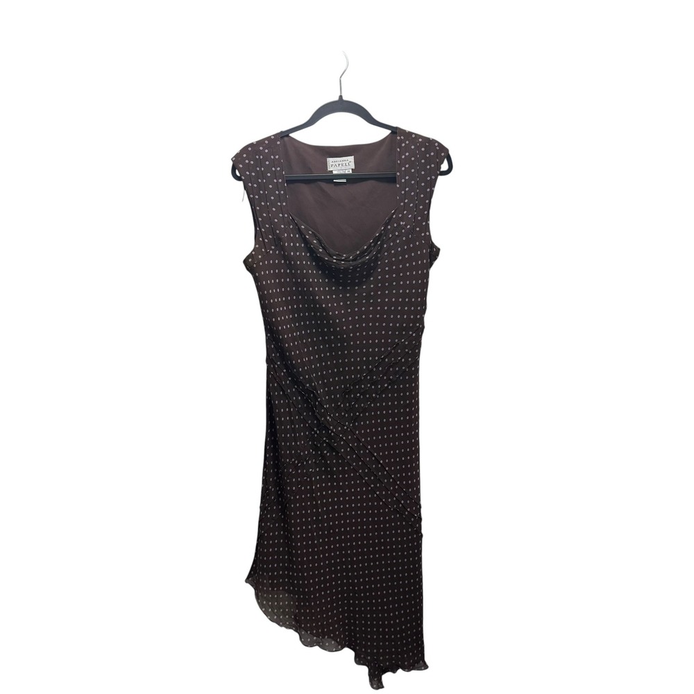 Adrianna Papell Vintage Y2K 100% Silk Polka Dot Midi Dress Brown Lavender 14